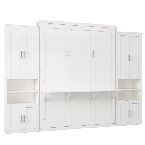 Queen Size Murphy Bed with Desk & Charging Station,Wall Bed Frame Folding into Cabinet Design w/LED & Storage Shelf for Small Space,Bedroom