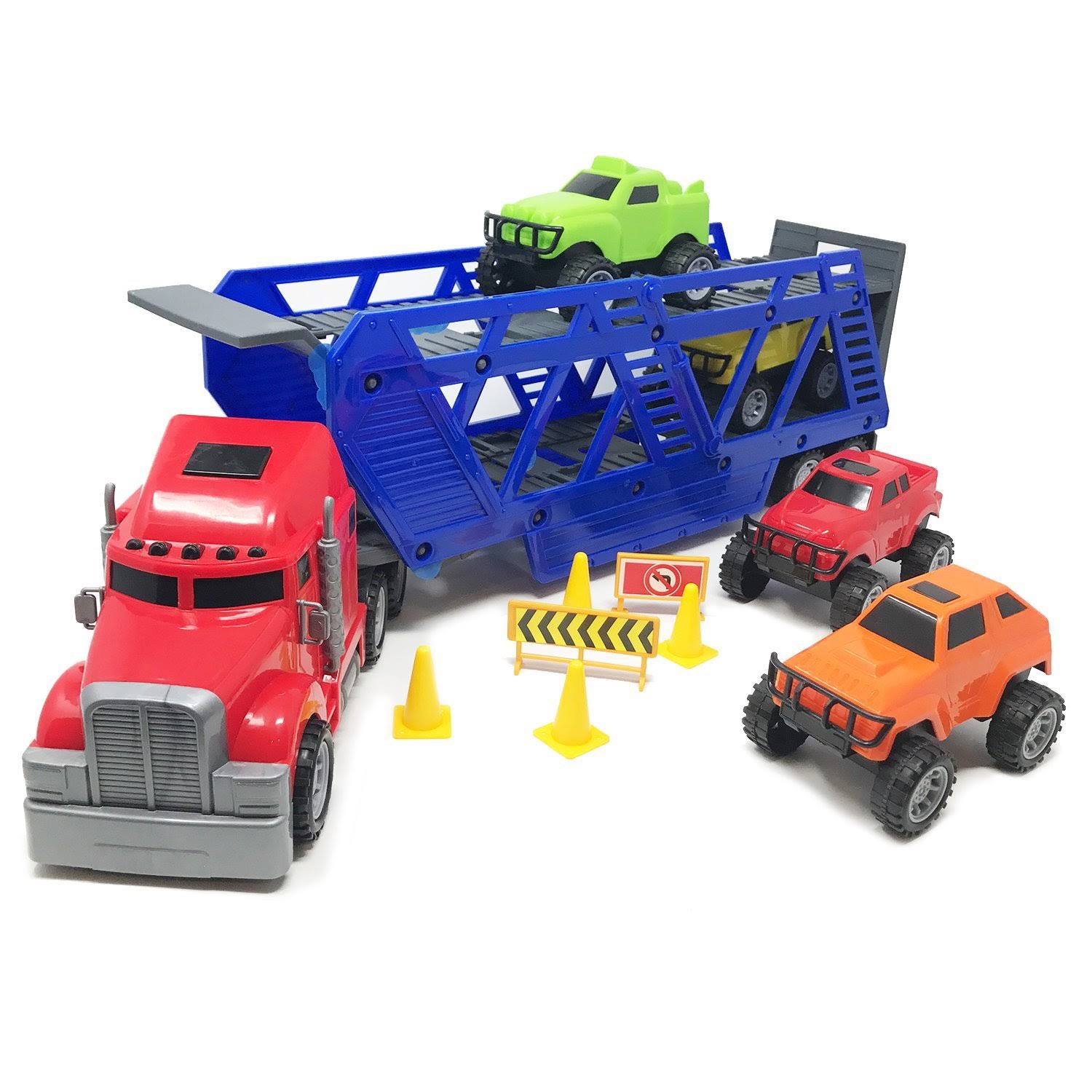 Boley 5-in-1 Big Rig Hauler Truck Carrier Toy Complete Trailer with Construction Signs and Monster Jam Trucks Great Toy for Boys