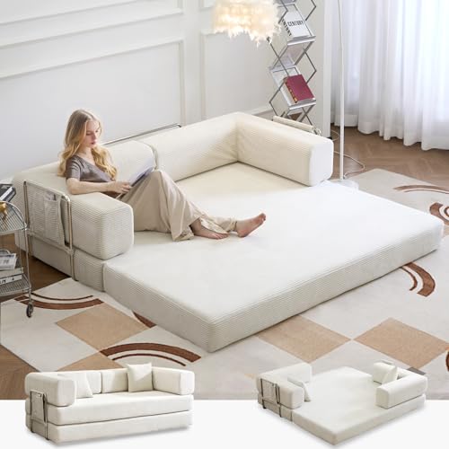 Convertible Sleeper Sofa Bed No Assembly Corduroy Upholstered Green Modular Floor Couch Queen/King Size Foldable Futon with Memory Foam for Apartment