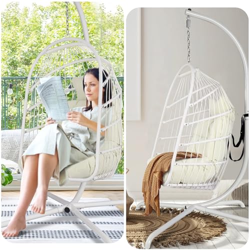 Chihee Egg Chair Foldable Wicker Rattan Hanging Chair Swing Chair Indoor Outdoor Patio Wicker Chair Hammock Chair with Stainless Steel Hanging Kit