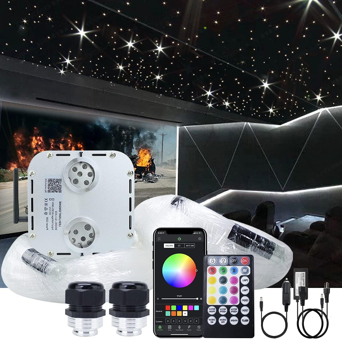 AKEPO 32W APP Twinkle Fiber Optic Lights Kit Music Activated RGBW Star Ceiling Sky Light
