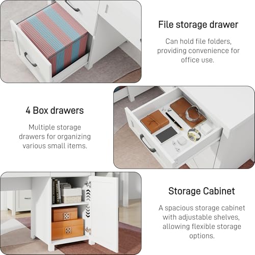Farmhouse 61'' Executive Desk with 5 Drawers, Rustic Office Desk Computer Desk with Charging Station, File Drawers and Storage Cabinet