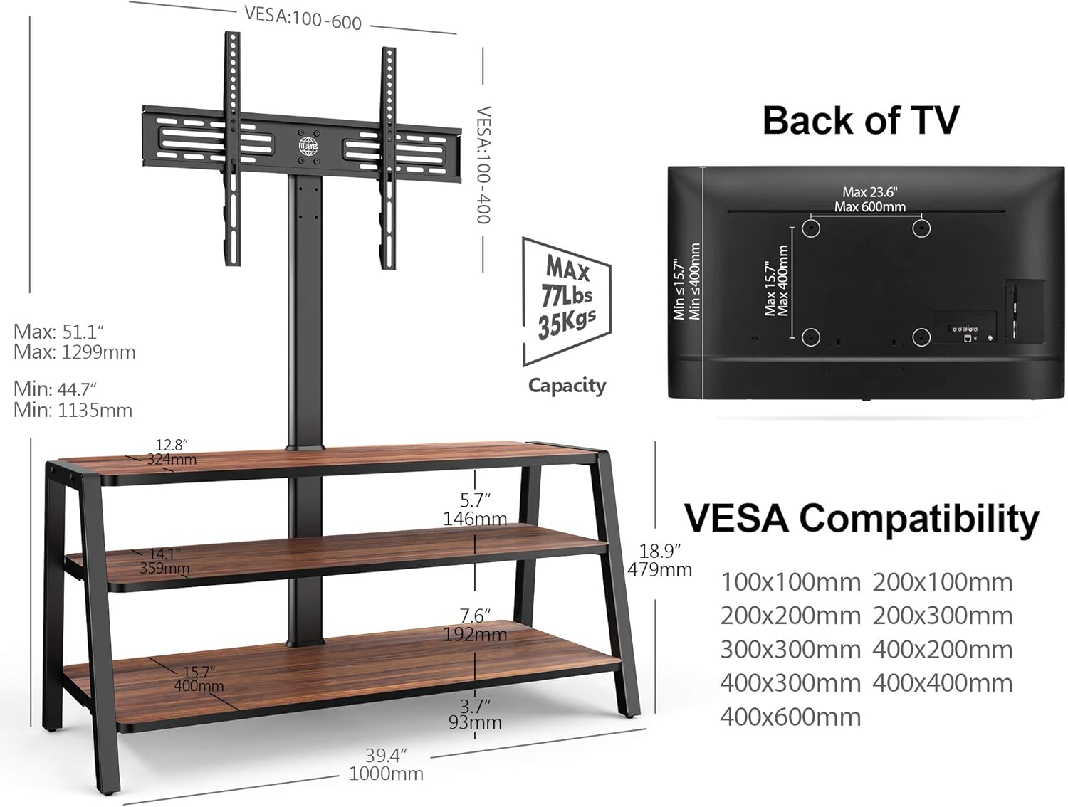 FITUEYES 3-Tier Floor TV Stand for 37-70 Inch TVs Entertainment Center Stand with Storage-Height Adjustable TV Console Stands with Golden Walnut