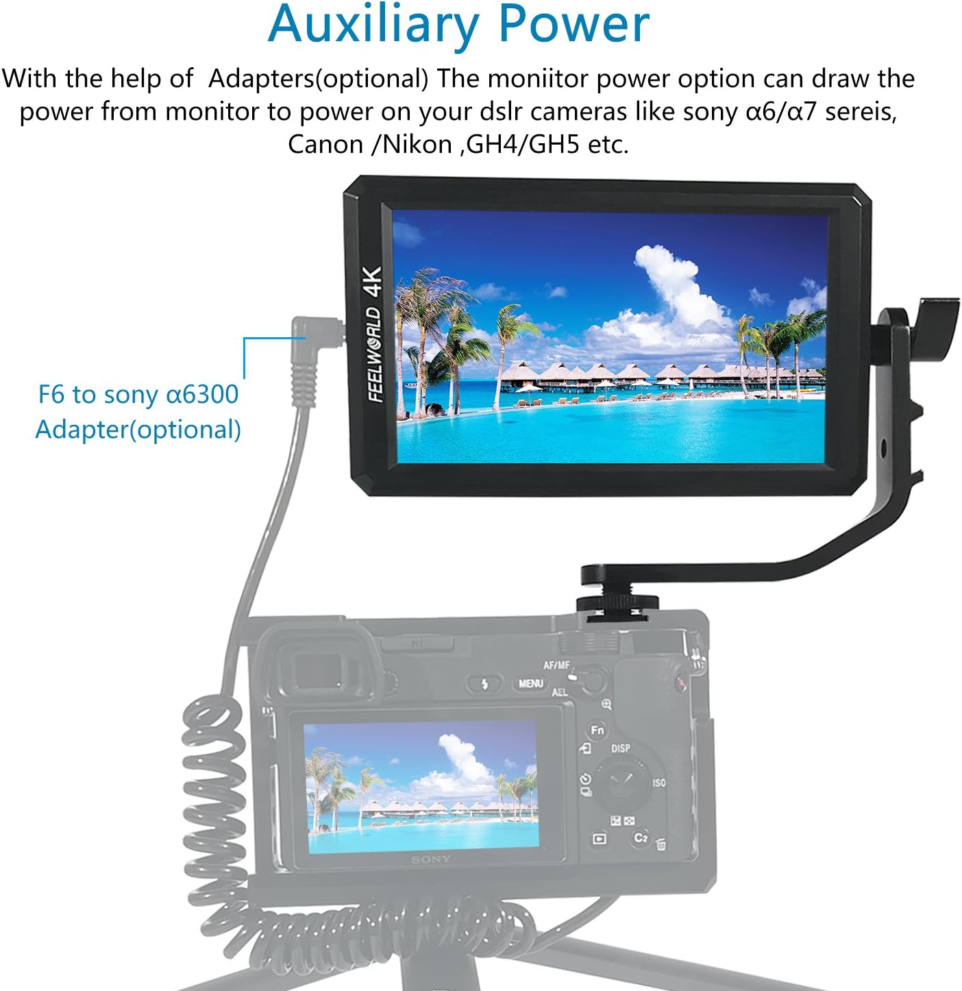 FEELWORLD F6+Battery+ Integrated Battery Charger + Micro&Mini HDMI Cords 5.7Inch FHD IPS On Camera 4K HDMI Monitor with Swivel Arm and 8V DC Power