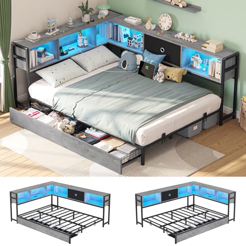 Hasuit Corner Bed Frame with Storage Bookcase, Twin Daybed with Storage Drawers Underneath, Kids Bed Unit with Charging Station and LED Light