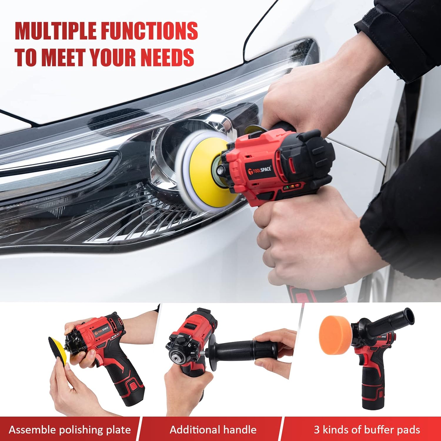 TOOLSPACE 46pcs Cordless Car Buffer Polisher Kit 12V 7800RPM with 2 x 2.0Ah Li-ion Batteries