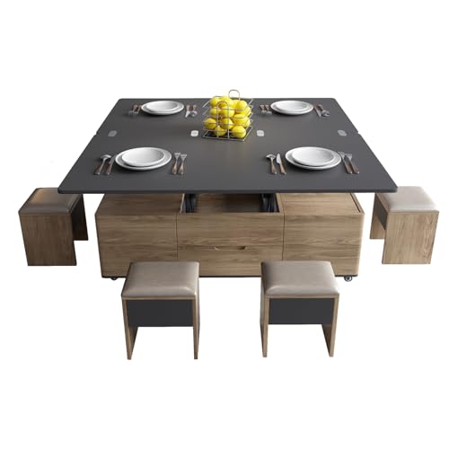 Multifunctional Lift-Top Coffee Table with 4 Stools, 3-in-1 Center Table, Space Saving Folding Dining Table,Lifting Coffee Table for Living Room