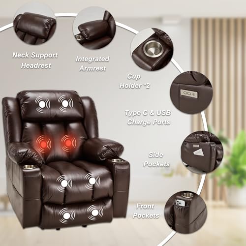 Large Power Lift Recliner Chair Genuine Leather for Elderly with Massage and Heating Function, Lazy Boy Convertible Chair with Cup Holders, USB Ports
