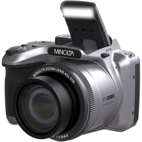 MINOLTA MN40Z 20 Mega Pixels 40x Optical Zoom Digital Camera with 1080p FHD Video (Purple) Bundle with 64GB Memory Card + Vlog Tripod + 4xAA Battery