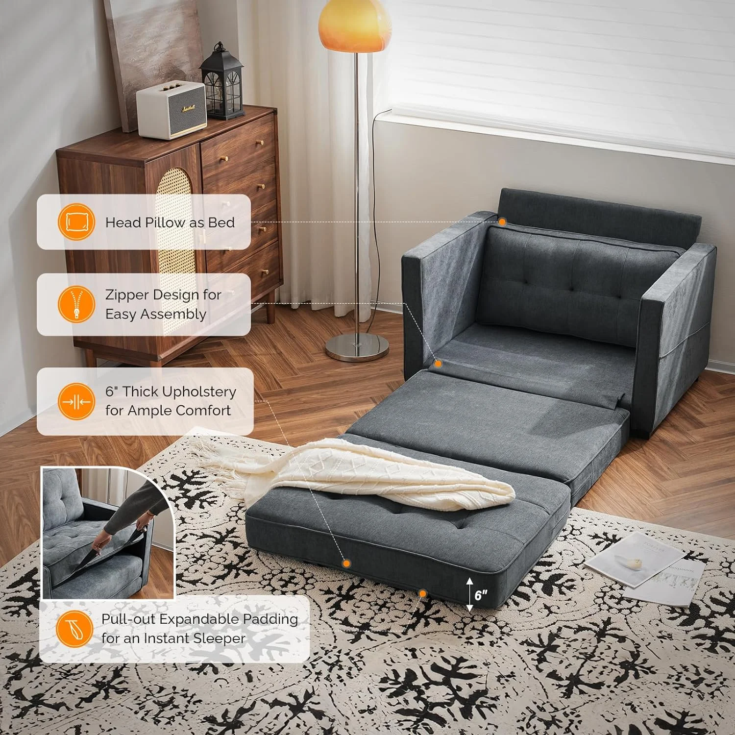 VINGLI Upgraded 64" W 84" L Full Size Futon Sofa Bed, 6" Thick Upholstery Chenille Loveseat Sofa Sleeper Pull Out Couch