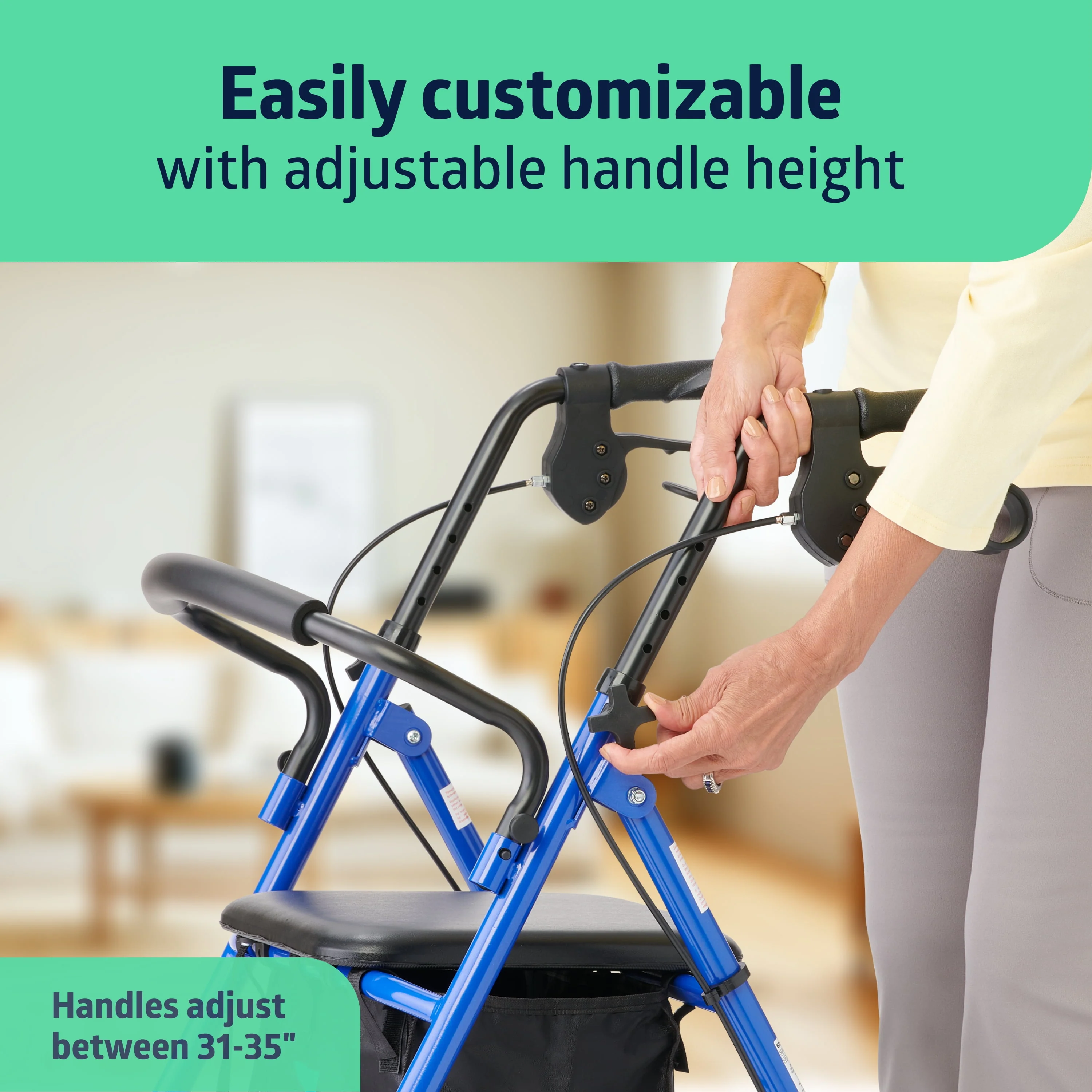 Medline Steel Rollator Walker for Adult, Blue, 350 lb. Weight Capacity, 6” Wheels, Foldable, Adjustable Handles
