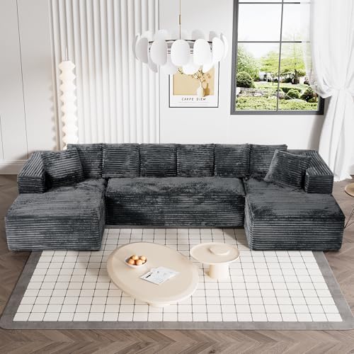 131" Modular Sectional Sofa Cloud Couch, Corduroy Memory Foam Black Sectional Couches for Living Room, Modern Deep Seat Boneless Sofa