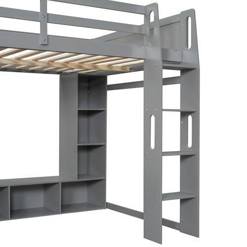SOFTSEA Twin Gaming Loft Bed with Desk & LED Lights, Solid Wood Loft Bed with Storage Wardrobe and Shelves for Kids Teens
