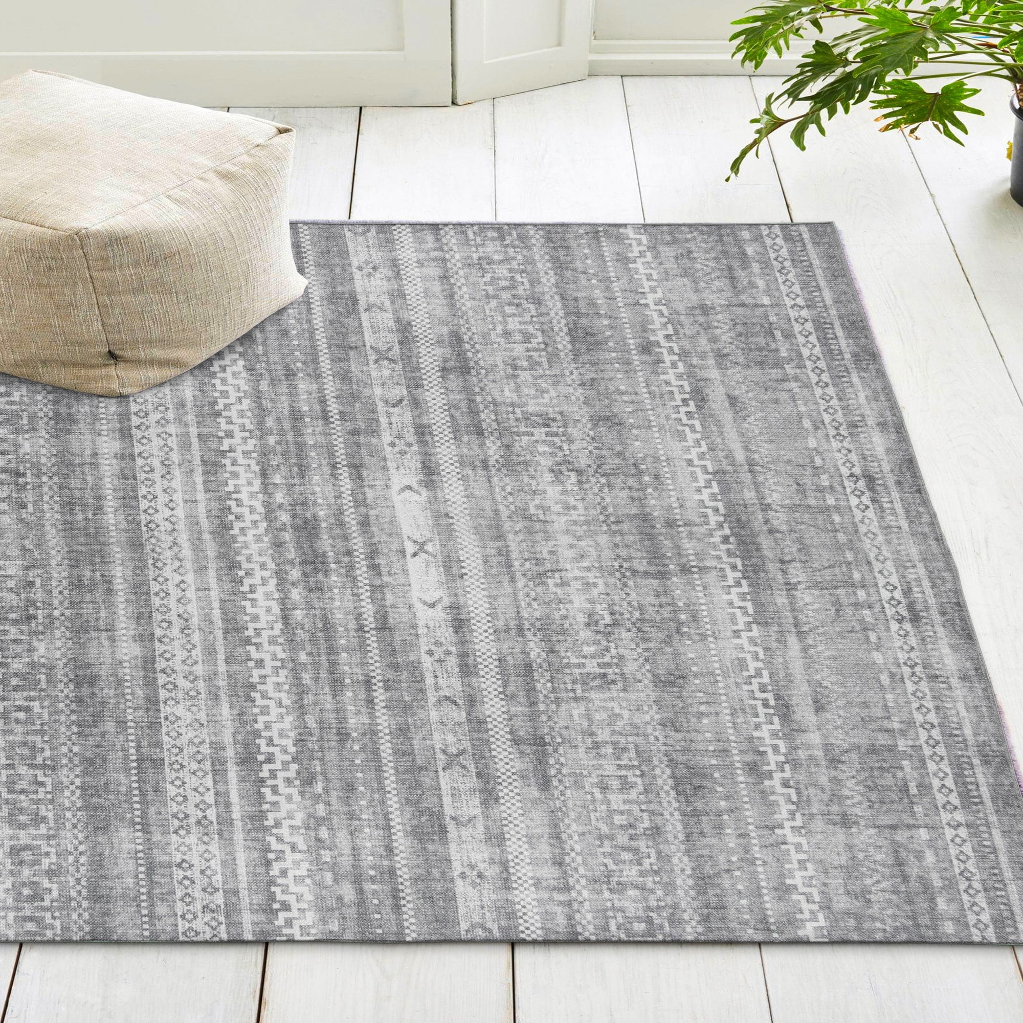 ReaLife Rugs Machine Washable Printed Moroccan Stripe Gray Eco-friendly Recycled Fiber Area Runner Rug (7'6" x 9'6")
