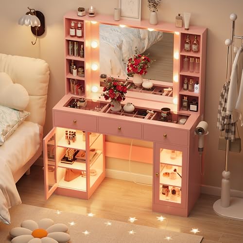 White Vanity Desk with Mirror and Lights, Glass Top Vanity with Lighted Mirror & RGB Glass Cabinet and 3 Drawers