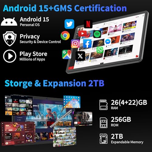 Android 15 Tablet with Keyboard, 26GB+256GB(2TB Expand), 10.1 Inch Tablet 8000 mAh Battery, BT 5.0, 5G WiFi, Widevine L1, Dual Camera