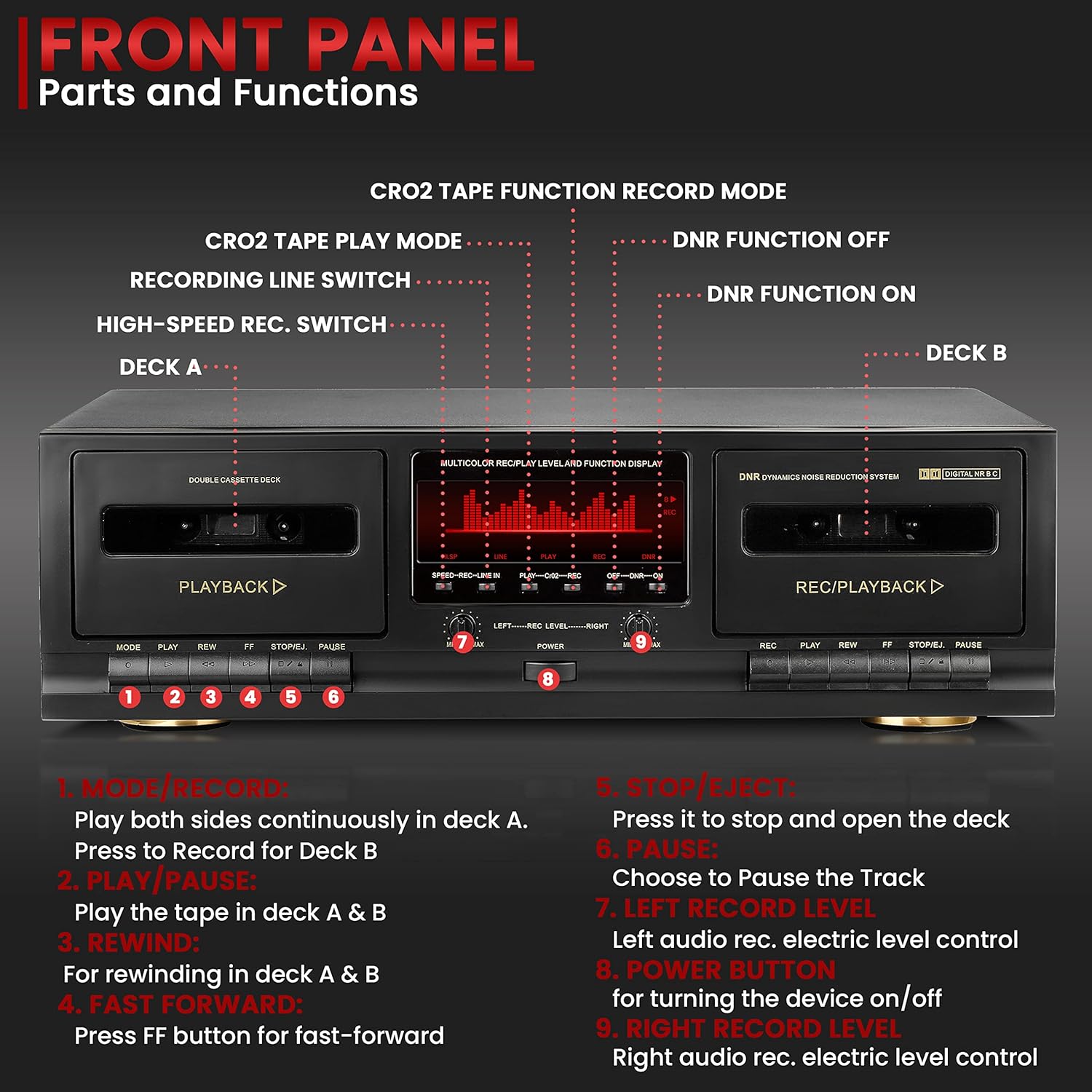 Pyle Dual Cassette Deck Stereo - Compact & Portable Hi-Fi Tape Recorder Player with Digital Professional Noise Reducing System, Automatic Recording