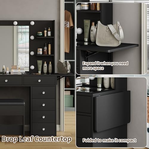 55" W Vanity Desk, Makeup Vanity with Charging Station, 15 Drawers with Lighted Mirror, 3 Lighting Modes, Brightness Adjustable, Glass Top
