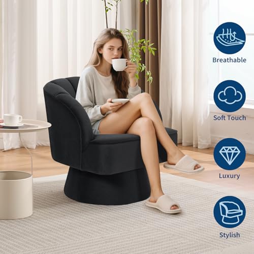 GarveeHome Modern Swivel Barrel Accent Chair, 360° Teddy Fabric Upholstered Armchair with Striped Backrest & Plush Padding