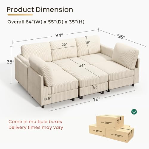 KKL Modular Sectional Sofa Bed with Storage Ottoman, Convertible L/U-Shaped Sleeper Couch for Living Room, Modern Reversible Design, Beige
