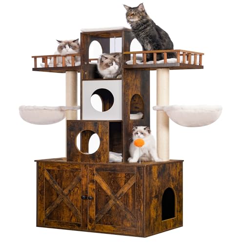 Heybly Cat Tree with Litter Box Enclosure for Indoor Big Cat, Cat Tower for Large Cats 20 lbs Heavy Duty
