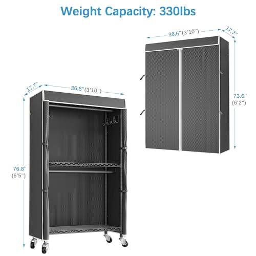 VIPEK R2C Medium Rolling Garment Rack with Cover Heavy Duty Clothes Rack Adjustable Clothing Rack for Hanging Clothes Portable Closets with Double