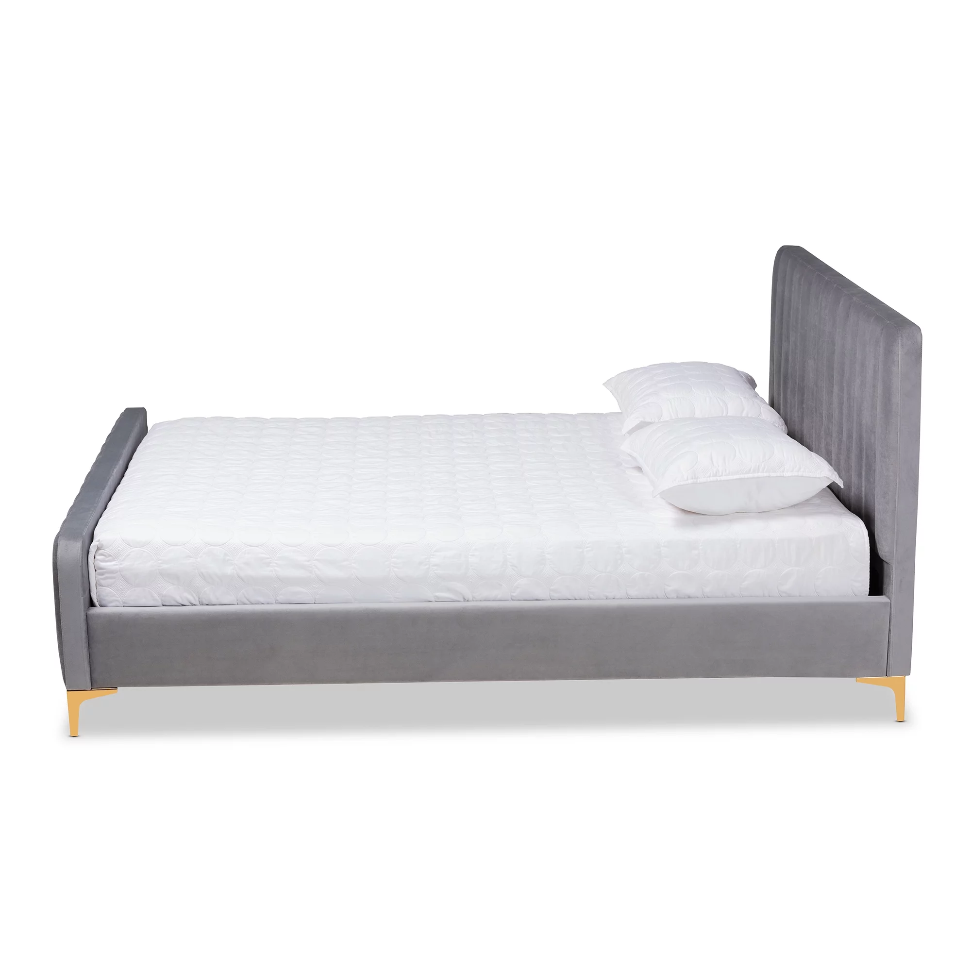 Baxton Studio Nami Modern Contemporary Glam and Luxe Light Grey Velvet Fabric Upholstered and Gold Finished Queen Size Platform Bed