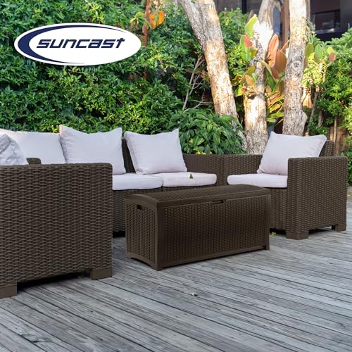 Suncast Outdoor Storage Box - 73 Gallon Mocha Brown Deck Box for Patio, Waterproof Outdoor Storage Bench, Resin Wicker Style, Heavy-Duty