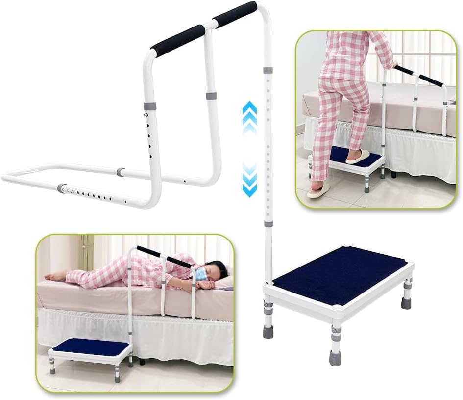 Bed Steps for High Beds for Adults Step Stool with Handle for Elderly 2-in-1 Bedside Guard Rails Bed Cane for Seniors Medical Safety Railing Stop