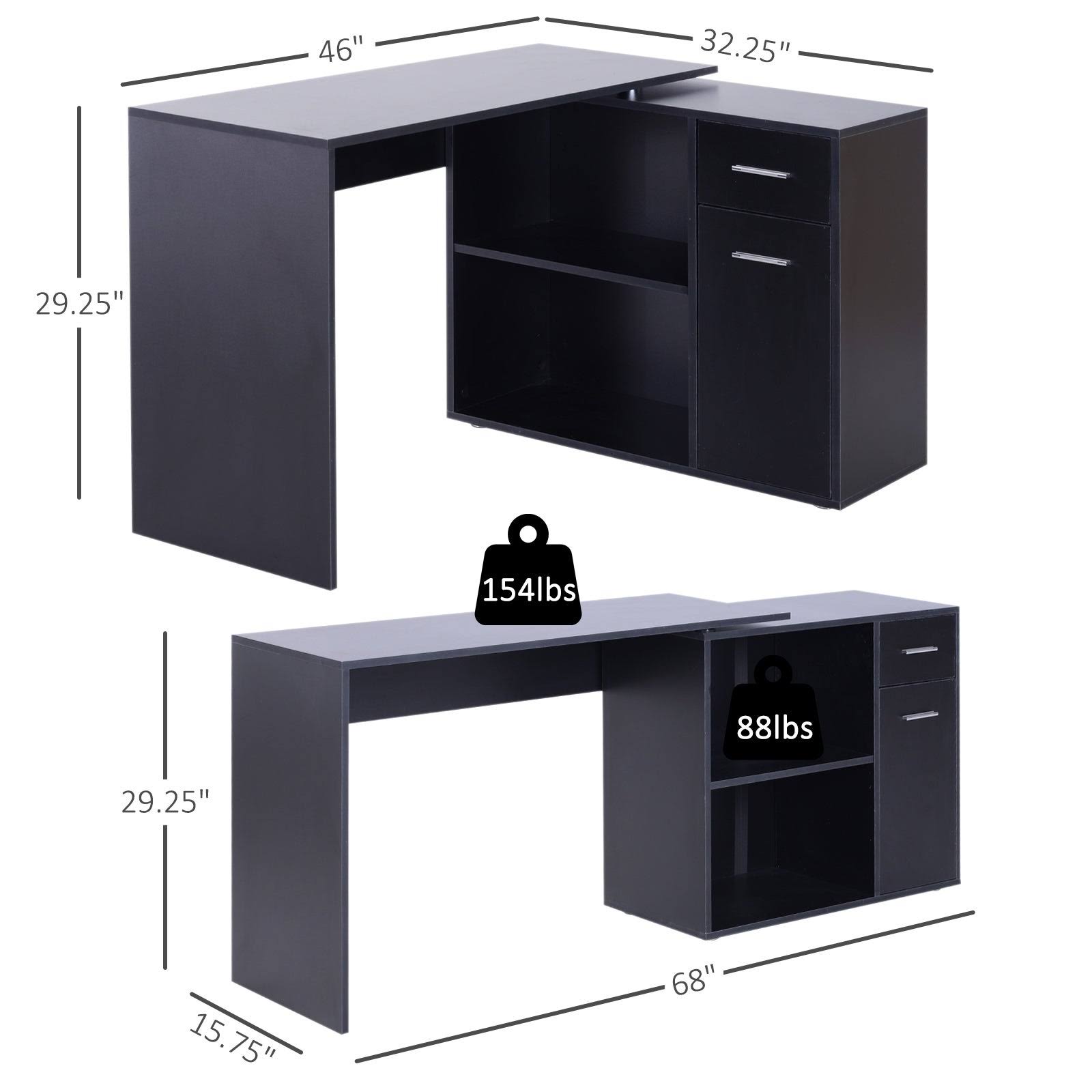 Homcom L Shaped Computer Desk Workstation with Storage Shelves and Cabinet for Home u0026 Office - White