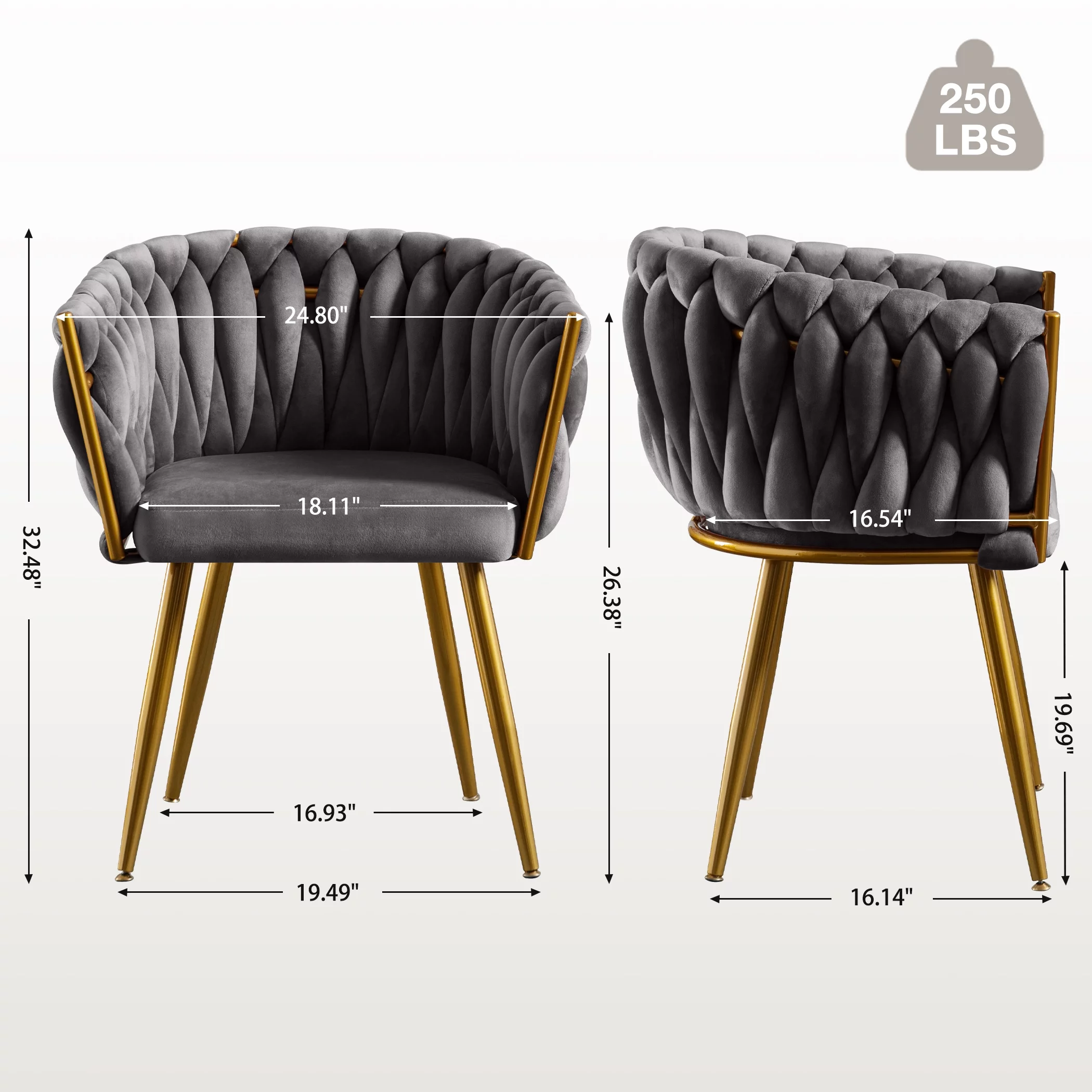 JONPONY Velvet Dining Chairs Set of 2, Modern Woven Upholstered Dining Chairs with Gold Metal Legs,Luxury Tufted Dining Chairs for Living Room