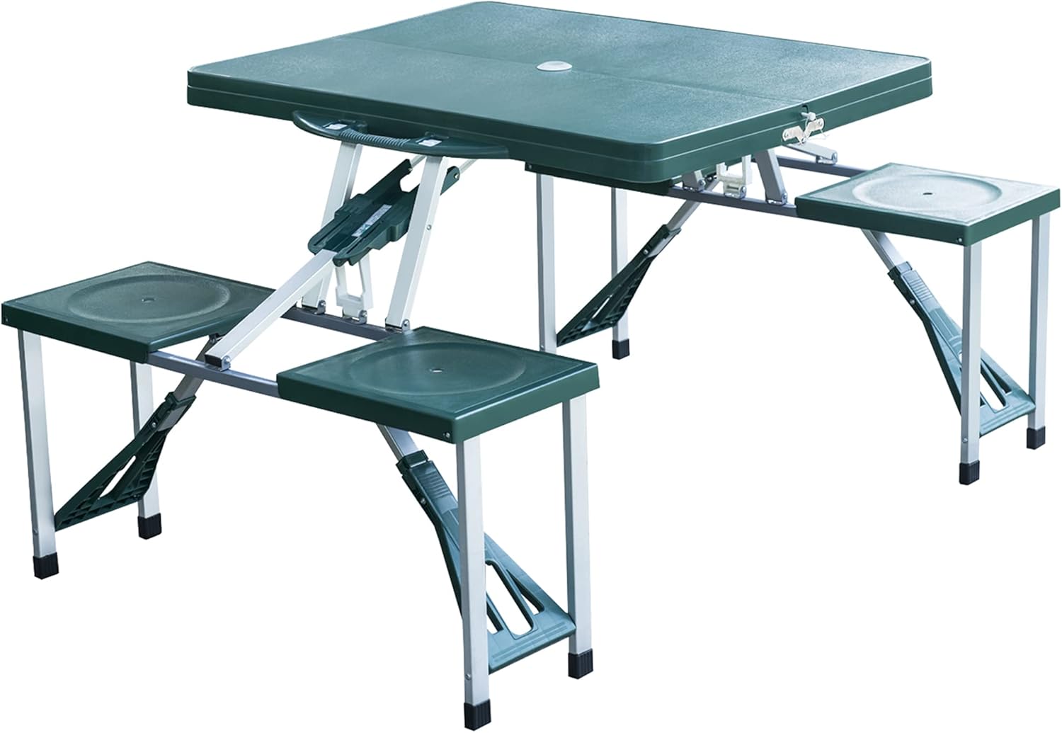 Outsunny Portable Foldable Camping Picnic Table Set with Four Chairs and Umbrella Hole, 4-Seats Aluminum Fold Up Travel Picnic Table, Blue