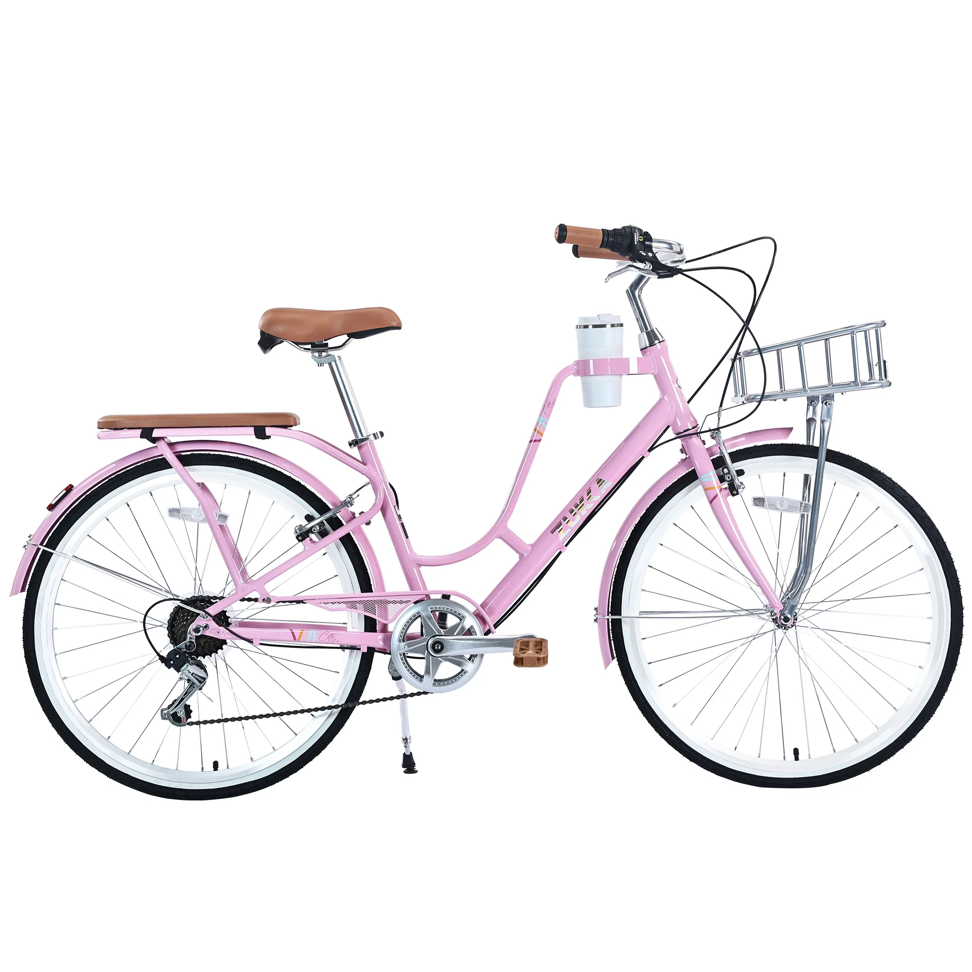 Zukka Cruiser Bike Coffee Bicycle 26 inch Women Ladies 7 Speed Bike for Shopping Pink - Radiant Selections