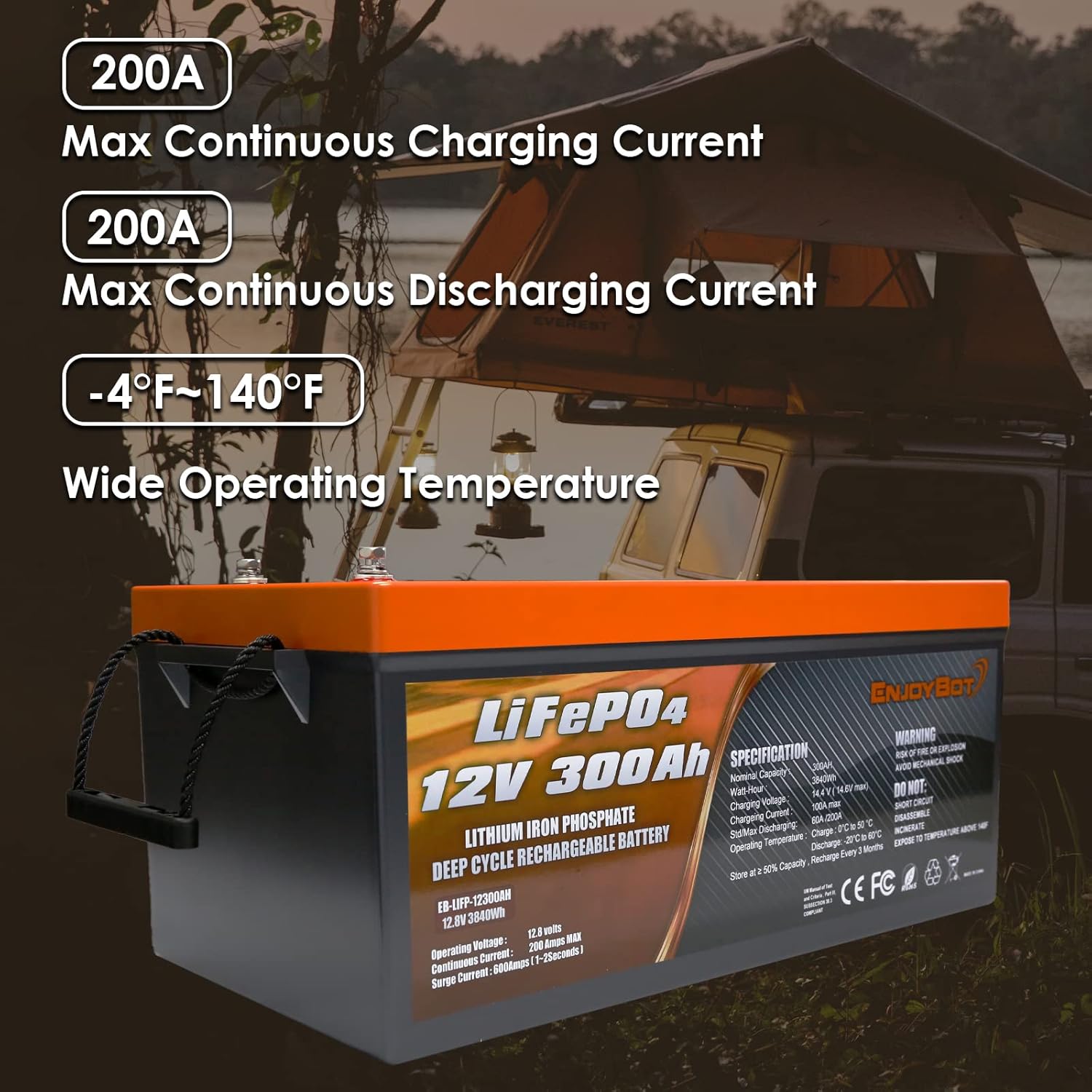 Enjoybot Deep Cycle Battery LiFePO4 12V 300Ah, Built-in 200A BMS, Lithium Iron Phosphate Battery for Solar RV Marine Camping