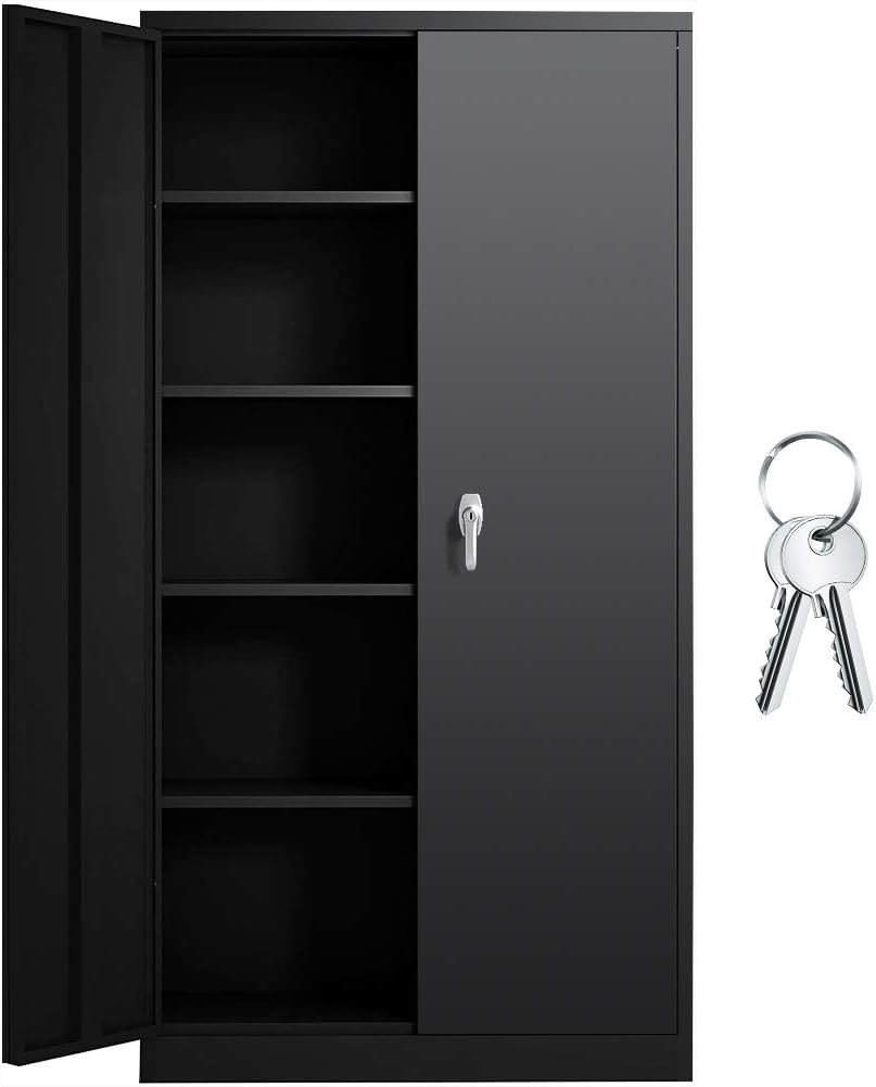Black Metal Storage Cabinet Doors,72 Locking Steel Storage Cabinet with Shelves, Tall Metal Cabinet Lockable Steel Cabinets for Home Office