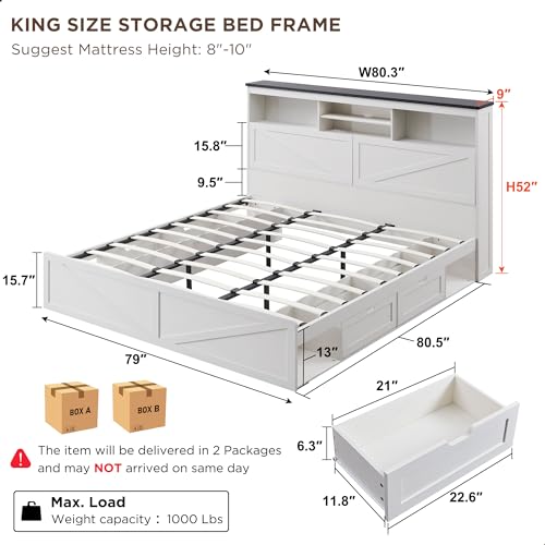 Queen Size Wood Bed Frame Farmhouse with 52" Tall Storage Bookcase Headboard, LED Light,Charging Station,4 Drawers and Solid Wood Slats Support