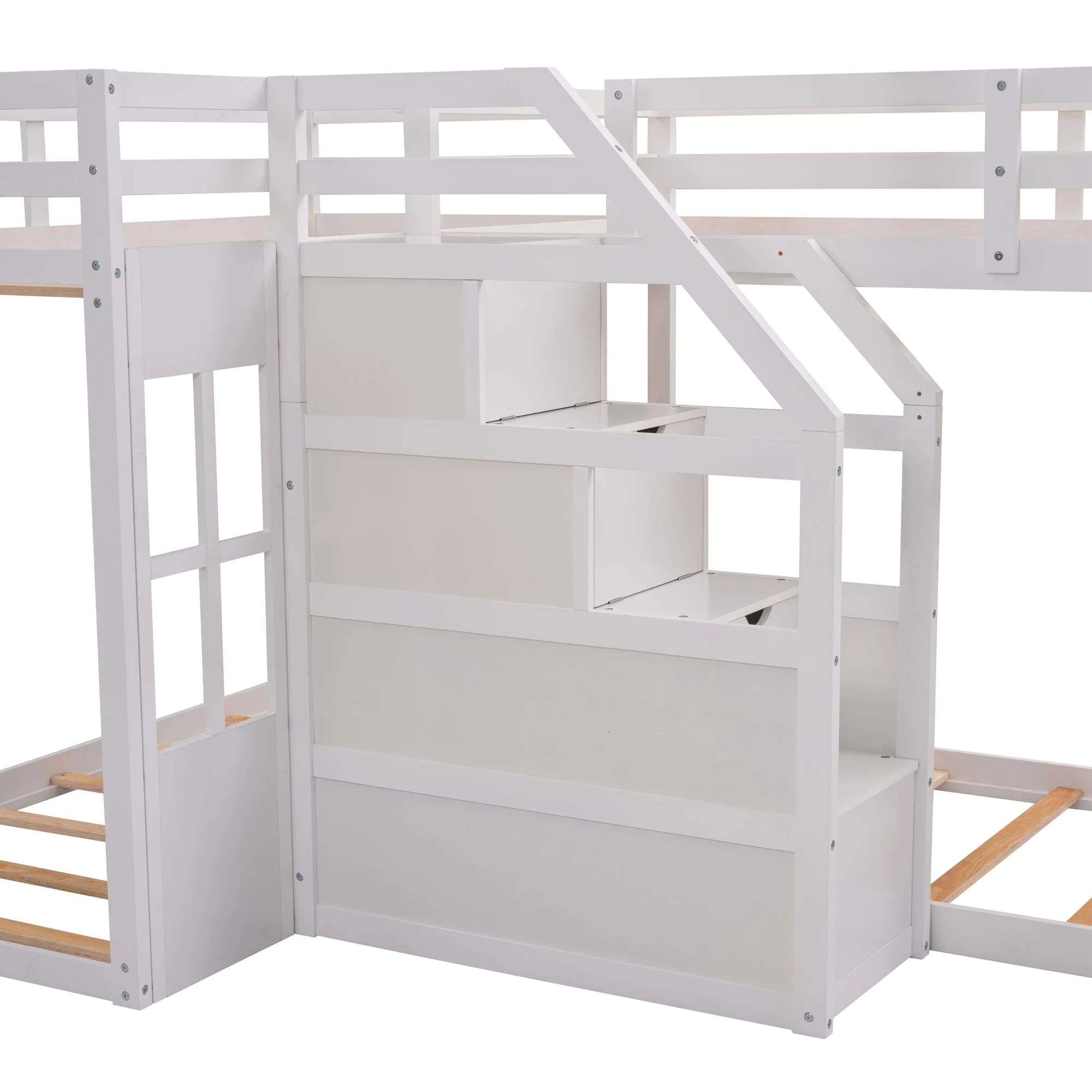 EUROCO Twin over Twin L-Shaped Bunk Bed with Middle Staircase, White - Curated Treasures Market