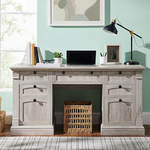 OKD 60" Executive Desk with Drawers, Farmhouse Home Office Desk with Charging Station, Keyboard Tray, File Cabinet Storage