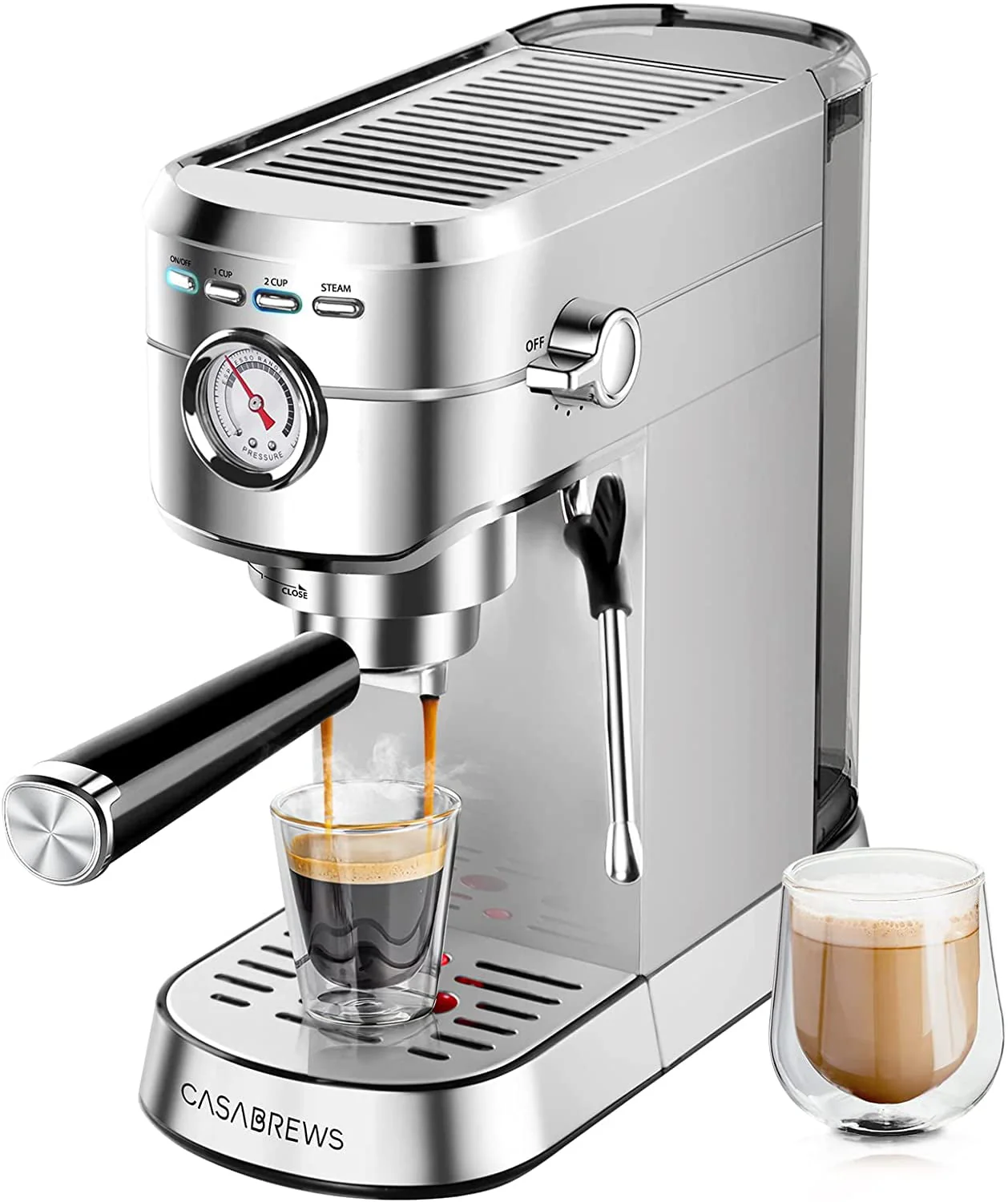 Casabrews 20 Bar Espresso Machine with Milk Frother Steam Wand, Stainless Steel Professional Cappuccino and Latte Coffee Machine, New, Silver