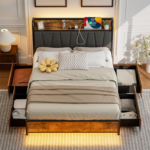 Queen Size Bed Frame with Headboard and Storage 4 Drawers Platform Bed Frame with Storage Chargin Station LED Light Bed Frame