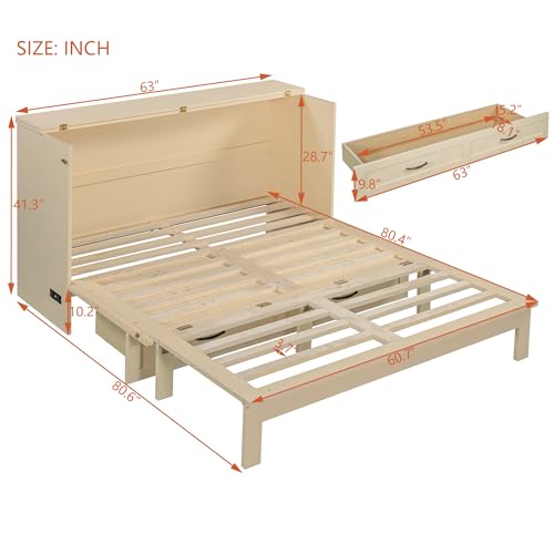 Harper & Bright Designs Queen Size Murphy Bed Cabinet Wall Bed Chest with USB, Charging Station and Large Storage Drawer for Home Office (White)