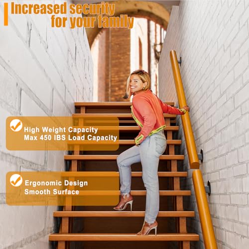 Wood Handrails for Indoor Stairs, 6ft Safety Non-Slip Stair Railing, Professional Pine Handrails Support Rod Complete Kit