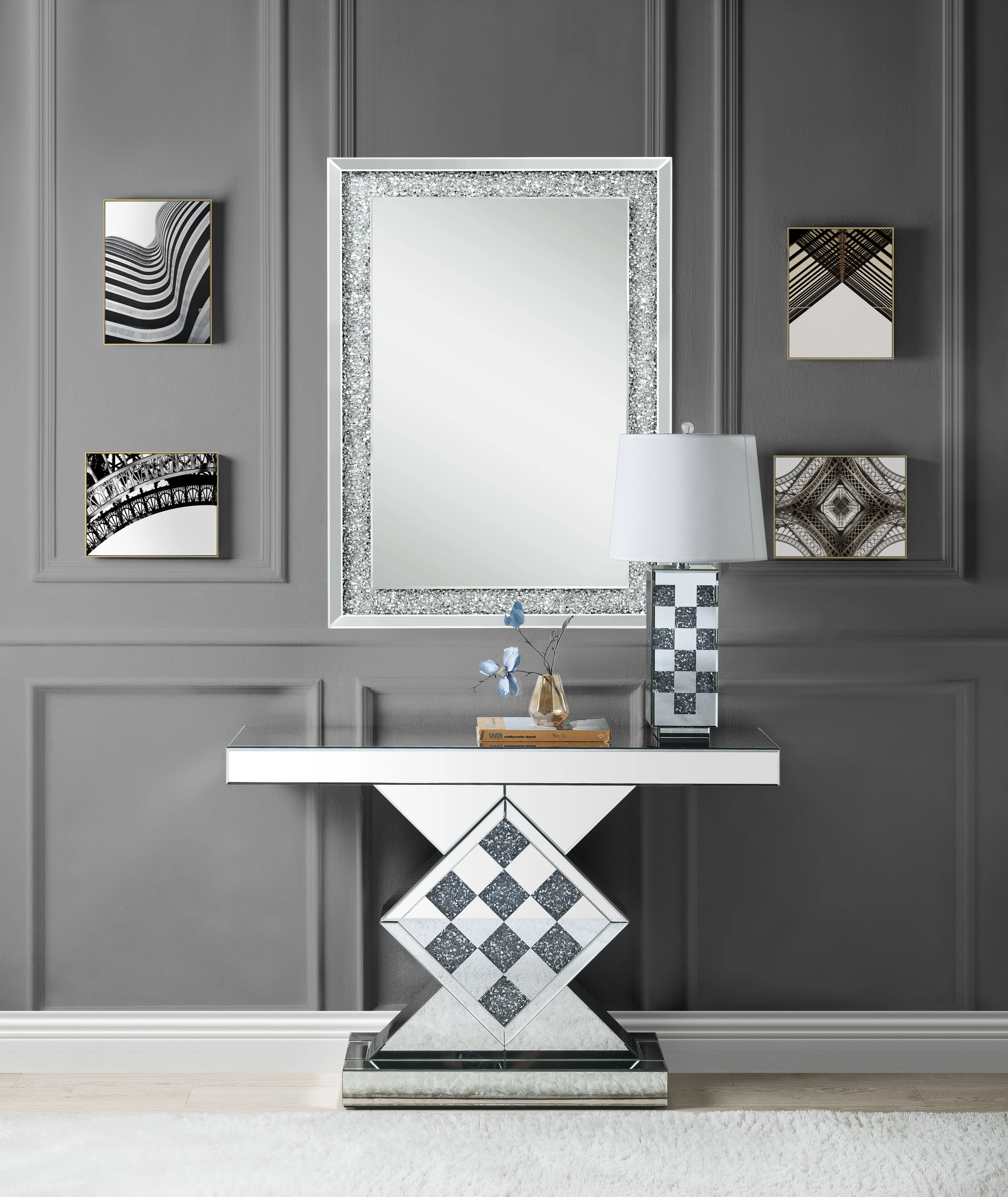 ACME Noralie Rectangular Console Table in Mirrored and Faux Diamonds