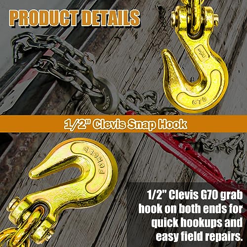 G80 Transport Binder Chain 5/16 Inch x 20 Foot | Tow Chain with Clevis Grab Hooks | 4