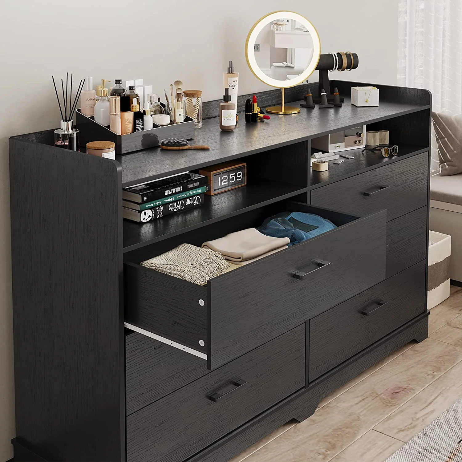 Classic 6 Drawer Dresser,Wood Finish,Modern Farmhouse Storage Tower Chests of Drawers and Open Cubby,for Bedroom,Living Room,Black