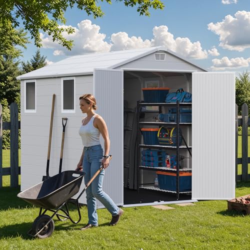 Greesum 6×8FT Plastic Outdoor Storage Shed with Floor, Resin Storaged Sheds with Lockable Double Door, Windows & Vents