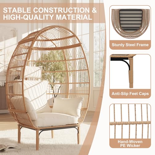 500 Lbs Capacity Oversized Wicker Egg Chair, All-Weather Rattan Egg Lounge Chairs for Patio, Backyard, Living Room
