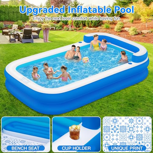Large Inflatable Swimming Pool, 120" X 85" X 26" Oversized Thickened Blow Up Pools for Adult, Inflatable Pool with Seat and Pump