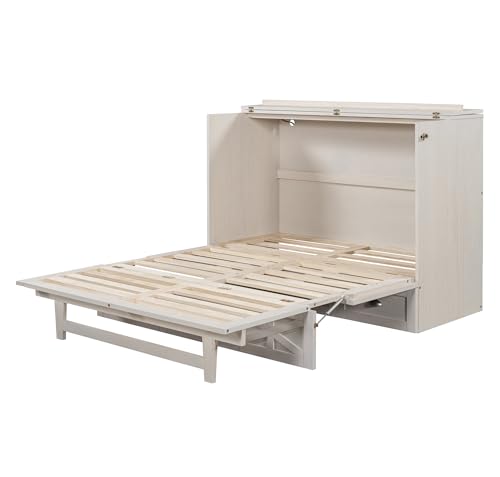 Merax Full Size Murphy Bed, Wooden Full Murphy Cabinet Bed Frame with Large Drawers and USB Ports, Brushed White