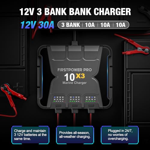 3 Bank Marine Battery Charger 10X3, 30A (10A/Bank) - 12V Waterproof Onboard Battery Charger, Battery Maintainer & Desulfator for SLA/AGM
